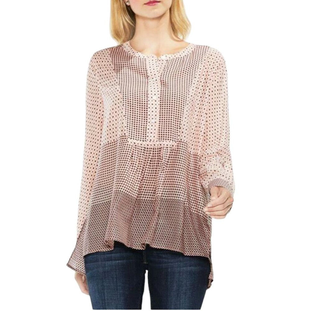 VINCE CAMUTO Button Down Top, Pink White Cotton Lyocell Long Sleeve V-Neck, S